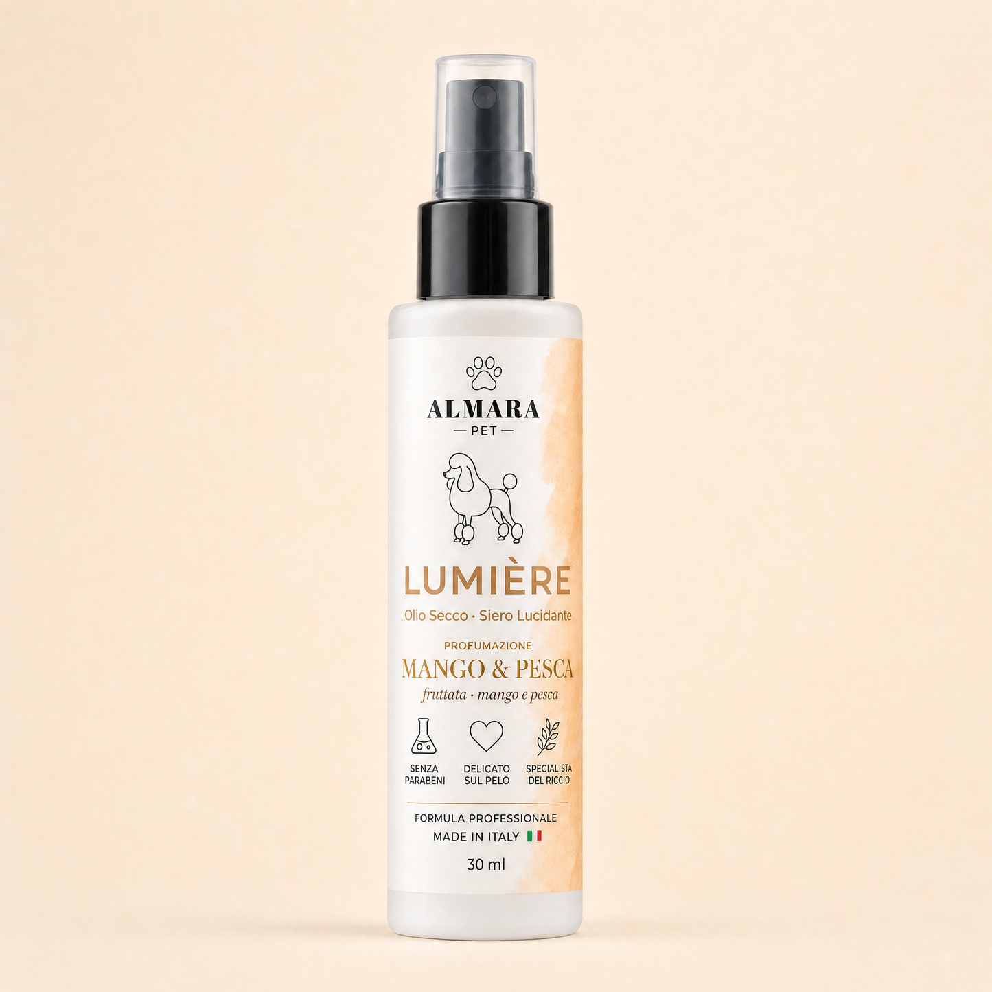 Almara Lumière — olio secco lucidante, Mango Pesca Premium, 30 ml